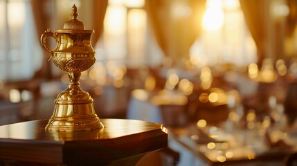 Luxury restaurant interior with golden trophy on wooden podium, elegant award ceremony concept for fine dining excellence and culinary achievement.
