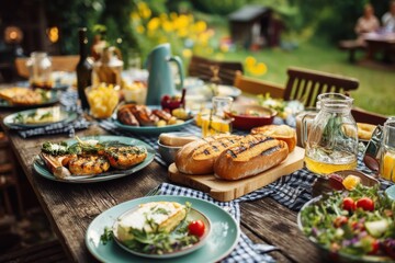 A beautifully arranged outdoor picnic table laden with grilled food, fresh bread, vibrant salads, and refreshing drinks, ready for a summer gathering or festive party.