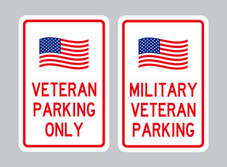 Veteran Parking Signs Vector Set, Military Veteran Parking Sign with Waving Flag