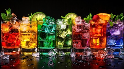 Bar drinks arranged with ice, garnishes, and vibrant colors