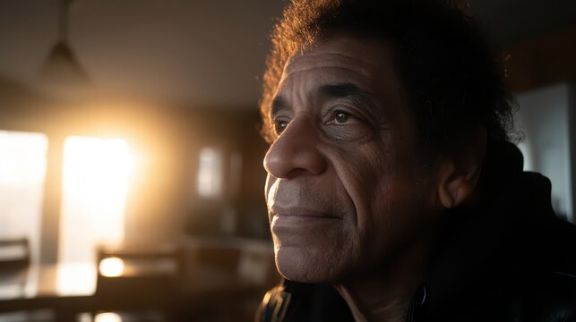 An elderly man gazes thoughtfully beyond the window, illuminated by soft morning light. His expression shows contemplation, revealing a moment of quiet reflection in a cozy indoor setting