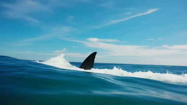 4k video of a shark's fin swimming in the ocean.