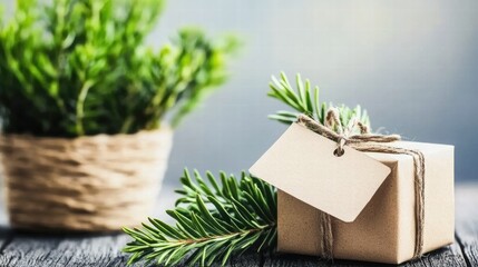 Rustic Gift Box with Sprigs of Greenery on Wooden Background