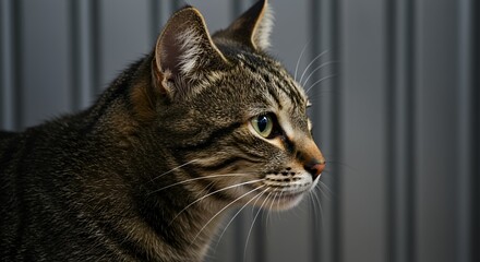 Alert Tabby Cat Profile Against Dark Gray Stripes