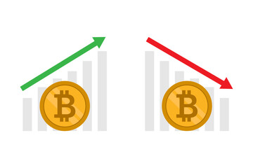 Bitcoin coin with green and red arrows.