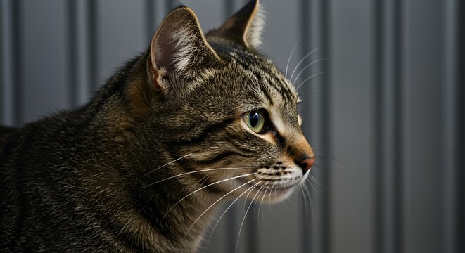 Alert Tabby Cat Profile Against Dark Gray Stripes