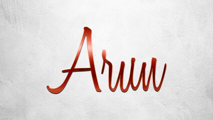 Red 3D text effect of Hindi name Arun on silver background.