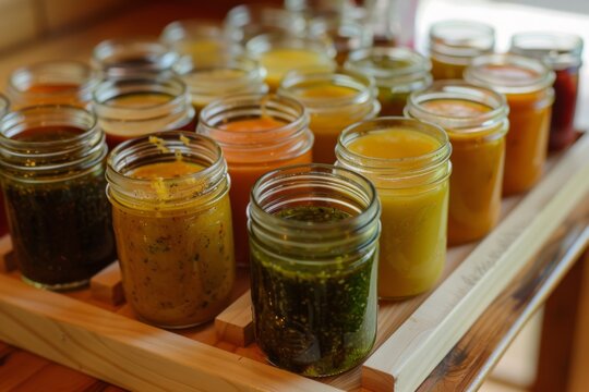 Assorted homemade sauces and dressings in mason jars vinaigrette