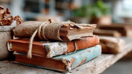 Obraz premium An artistic composition of shabby vintage books tied together with twine, evoking feelings of nostalgia and a love for literature against a rustic backdrop of wooden textures.