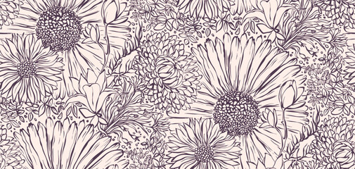 Elegant floral seamless pattern - gerberas, chrysanthemums, magnolias, lilies, leaves. Repeated print with delicate petals. Minimalism of simple lines.