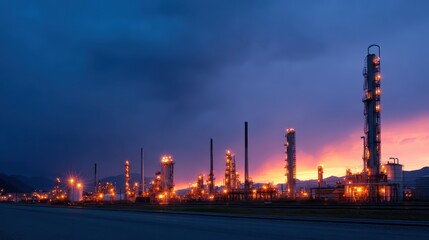 Fototapeta premium A fuel processing facility stands tall with numerous illuminated towers as the sky darkens. The area is surrounded by mountains and turbulent weather, enhancing the striking image