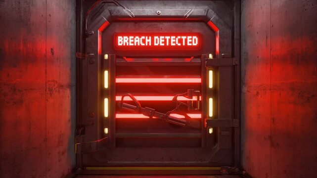 4k video of a bunker door with Breach Detected text.
