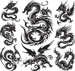 Tribal Dragon Tattoo Vector Illustration – Black Stylized Mythical Beast Design

