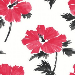 Vibrant Red Hibiscus Floral Pattern on White Background