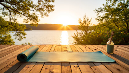 Serene yoga mat by calm lake at sunset, promoting tranquility