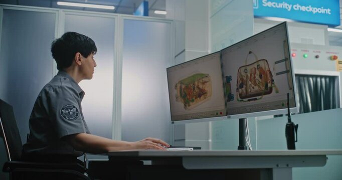 Airport Terminal Checkpoint: Female Security Officer Monitoring X-ray Scanning of Luggage on Computer Screens. In the Background, Passengers Taking Luggage from Metal Detector Machine After Screening.