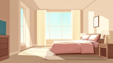 Naklejka premium A spacious bedroom features a large window allowing natural light to fill the room. Soft pastel colors create a peaceful ambiance, inviting relaxation and restfulness
