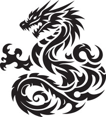 Tribal Dragon Tattoo Vector Illustration – Black Stylized Mythical Beast Design


