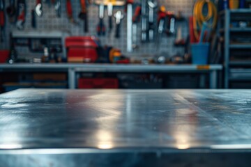 metal blank tabletop with blurred automotive tools and parts in the background suitable for promoting automotive products