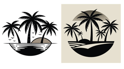 tropical Island Silhouette with Palm Trees in Minimalist Vector Style.