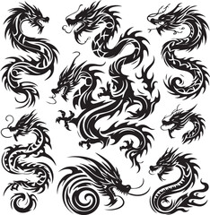 Tribal Dragon Tattoo Vector Illustration – Black Stylized Mythical Beast Design

