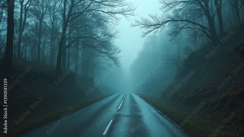 Poster serene and mysterious foggy road surrounded by dark green forest in twilight atmosphere with soft li