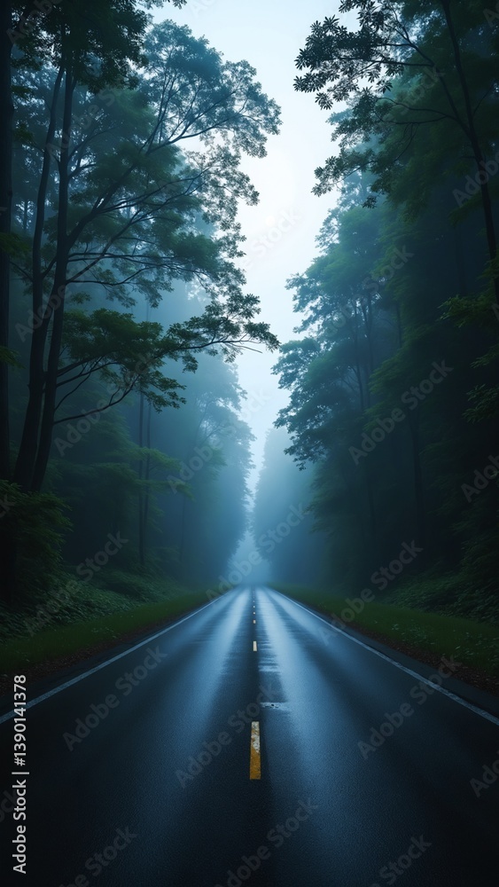 Aufkleber Serene and Mysterious Foggy Road Surrounded by Dark Green Forest in Twilight Atmosphere with Soft Light Reflections on Wet Pavement
