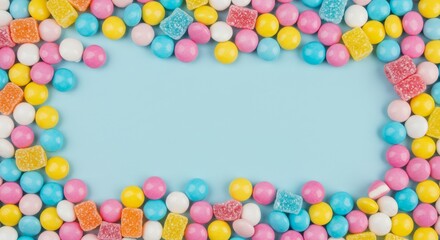Colorful Candy Frame on Pastel Blue Background