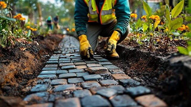 Crafting the Path: A skilled worker meticulously laying bricks, constructing a pathway amidst a vibrant garden scene.