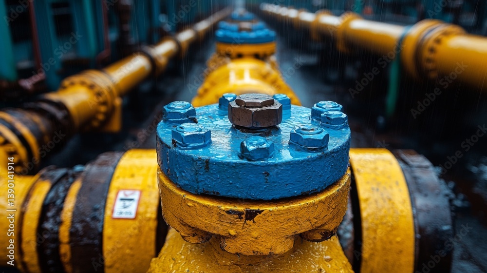 Poster industrial pipelines feature prominently with vibrant yellow and blue valve mechanisms, indicating e