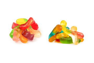 Assorted colorful gummy candies isolated on a white background. Top view. Jelly  sweets.