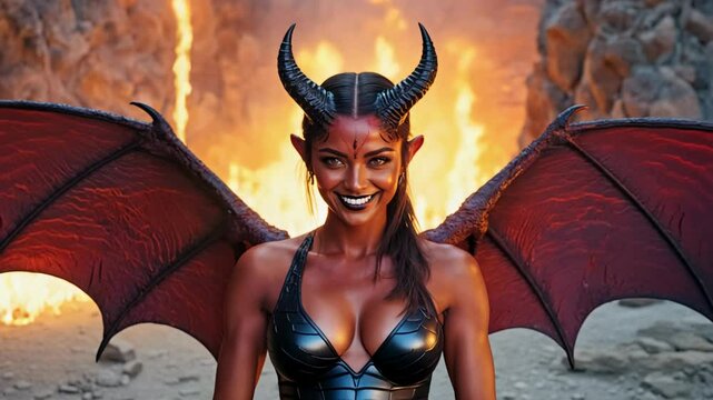 4k video of a devil woman succubus welcoming you to Hell.