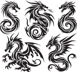 Tribal Dragon Tattoo Vector Illustration – Black Stylized Mythical Beast Design

