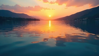 Smooth, unbroken surface of a lake at sunrise, sunrise, peaceful, sun