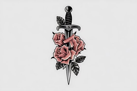 A Striking Tattoo Design: Roses Entwined with a Dagger