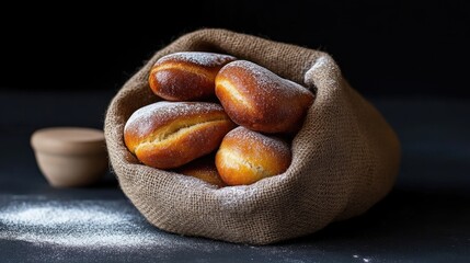 Sweet treats nestled in a burlap sack.  Freshly baked, sugared donuts piled high in a rustic sack, dusted with powdered sugar. A close-up view showcasing the golden-brown, slightly puffy texture.