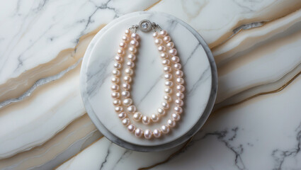 Fototapeta premium Elegant Pink Pearl Necklace On Marble Background Exquisite Jewelry Fashion Accessory