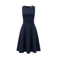 A navy blue sleeveless dress with a fitted bodice and a flared skirt on a white background is displayed