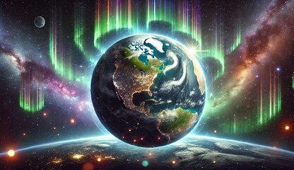 Glowing Earth in space with visible North America, surrounded by bright auroras, galaxies, stars, and energy lines. A stunning view of Earth from orbit in a cosmic, futuristic setting.