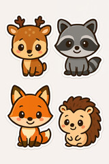 Obraz premium Adorable cartoon illustration featuring four forest animals: deer, raccoon, fox and hedgehog, all smiling and friendly, ideal for children’s designs, stories and educational projects