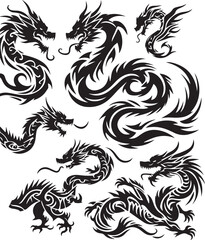Tribal Dragon Tattoo Vector Illustration – Black Stylized Mythical Beast Design

