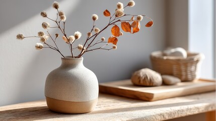 A tasteful ceramic vase containing dried flowers, showcasing a harmonious blend of textures and shapes that adds a tranquil and artistic touch to any environment.
