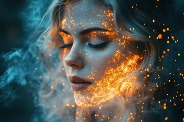 Woman with fire sparks, smoke, and portrait.