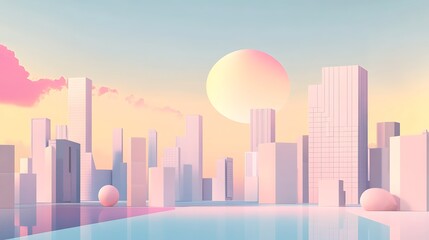 Fototapeta premium Pastel city skyline at sunrise with reflective water.