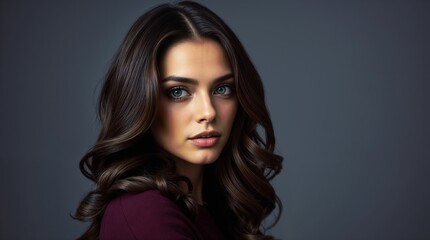 Portrait of a woman with voluminous, wavy brunette hair and a subtle makeup look placed against a neutral background