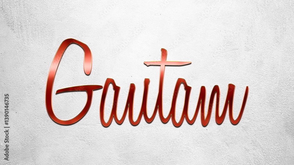 Fototapete Red 3D text effect of Hindi name Gautam on silver background.