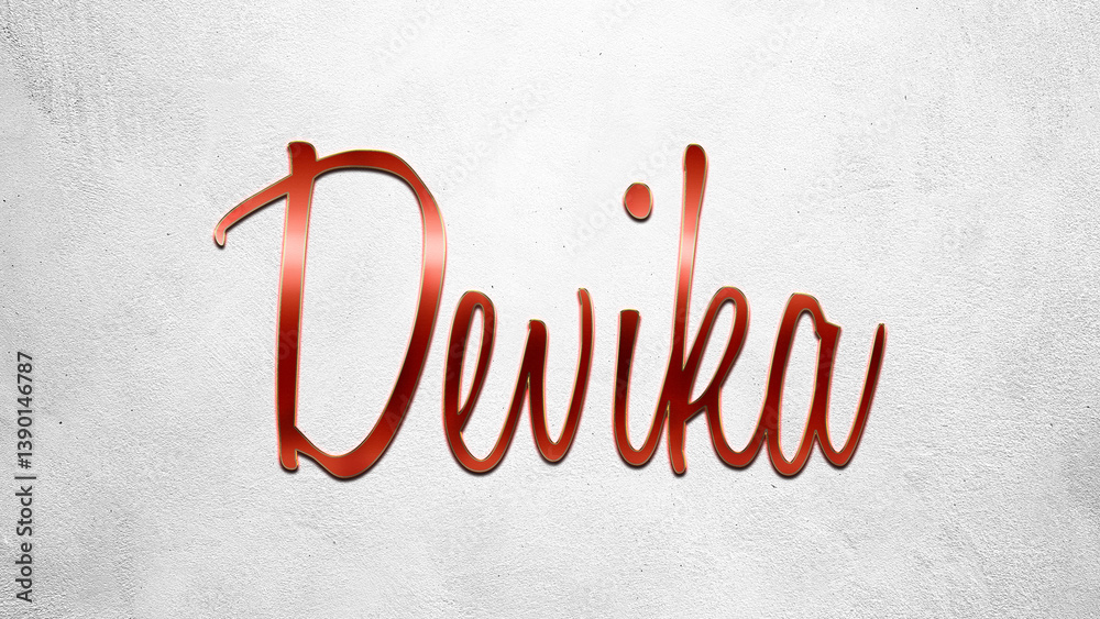 Fototapete Red 3D text effect of Hindi name Devika on silver background.