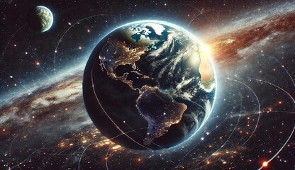 Detailed digital illustration of Earth from space, showing glowing city lights, atmospheric swirls, space orbits, and the Milky Way. Earth appears illuminated with global data lines and a distant plan