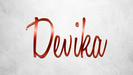 Red 3D text effect of Hindi name Devika on silver background.