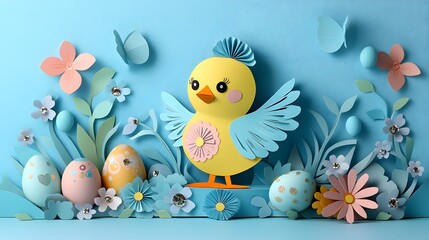 Whimsical Paper Cut-out Chick with Kaleidoscopic Hues, Sparkling Easter Eggs, and Delicate Carnival Decorations on a Serene Sky Blue Table